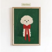 Puppy Wall Art   White Dog With Red Bow Poster, Cutepet Print, Green Minimalist Decor, Unframed Poster Size 8x12