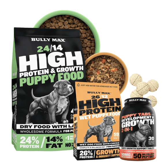 Bully Max Complete Puppy Nutrition Combo | 419 Calorie Dry + 592 Calorie Wet + 2-in-1 Puppy Tabs | 12.9% More Lean Muscle | 15% Higher Activity | All Breed Growth Formula