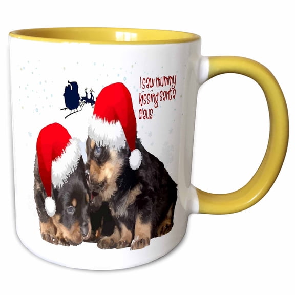 3drose, Puppy White Christmas I Saw Mummy Kissing Santa Claus, 15oz Two-tone Yellow Mug