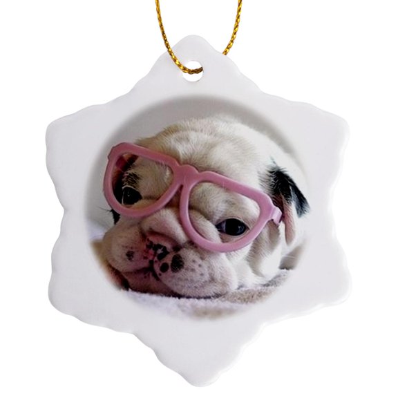 3drose, Puppy with Glasses, 3 inch Snowflake Porcelain Ornament