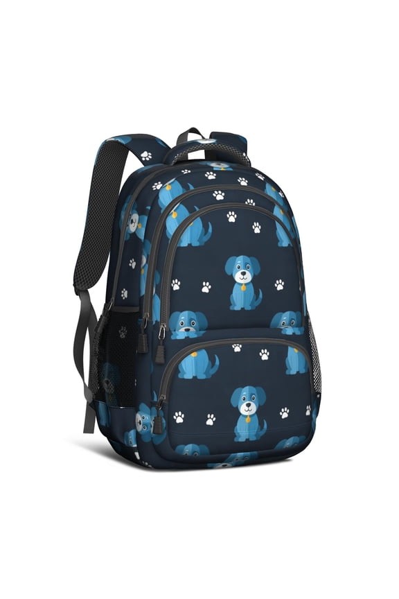 Puppy and Dog Paw Print Blue Backpack for School, Cute School Bag with Adjustable Shoulder Straps and Padded Back, 16.9"x12.6"x5.9"