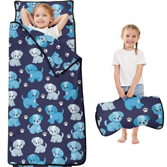 Puppy and Dog Paw Print Blue Teens Toddler Nap Mat with Pillow, Sleeping Mat Bag for Preschool Daycare 59"x22"