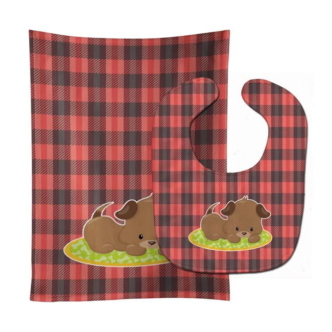 Puppy on Black Red Gingham Baby Bib & Burp Cloth