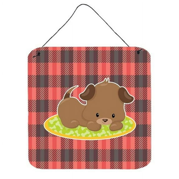 Puppy on Black Red Gingham Wall or Door Hanging Prints