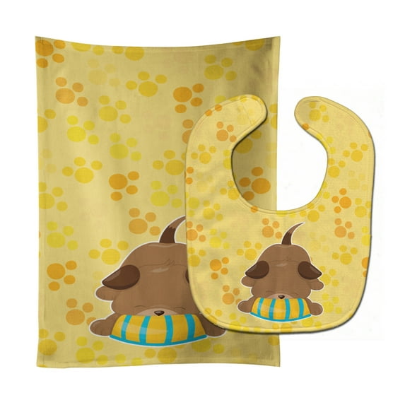 Puppy on Yellow Pawprints Baby Bib and Burp Cloth