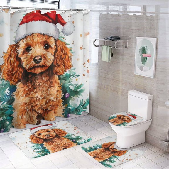 Puppy's 1st Xmas 4 Piece Bathroom Shower Curtain Sets Bathroom Sets with Curtain Rug Toilet Cover And U Shaped Mat Santa Hat Dog Waterproof Durable Bathroom Decor Shower for Bathroom Decor