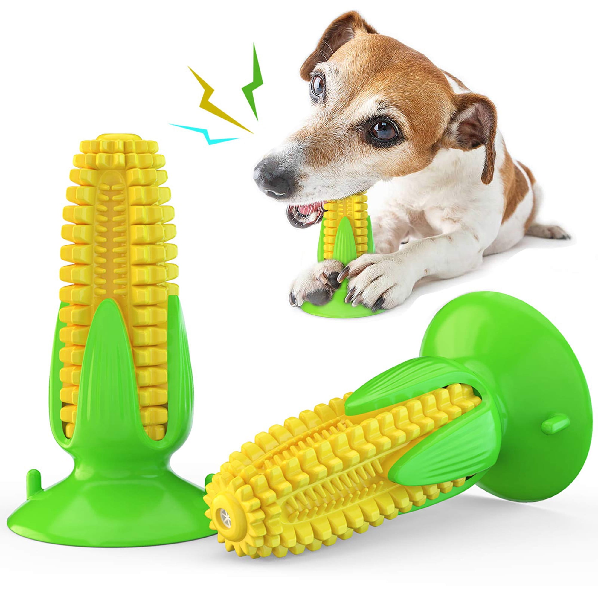 Puppy teething chew toys for small medium dogs, durable corn stick dog chew toys for aggressive chewers, interactive squeaky suction cup toothbrush toy to clean teeth and relieve anxiety, yellow