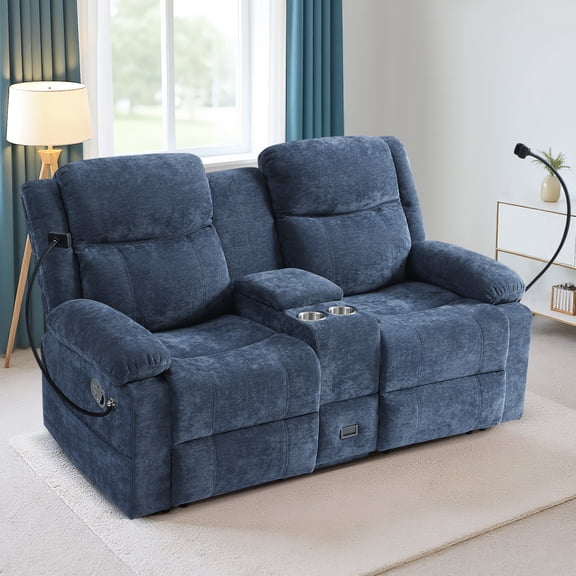 Puppywish Manual Reclining Loveseat with Center Console, Cup Holders, Storage, USB & Type-C Ports, Flexible Phone Holders, Blue