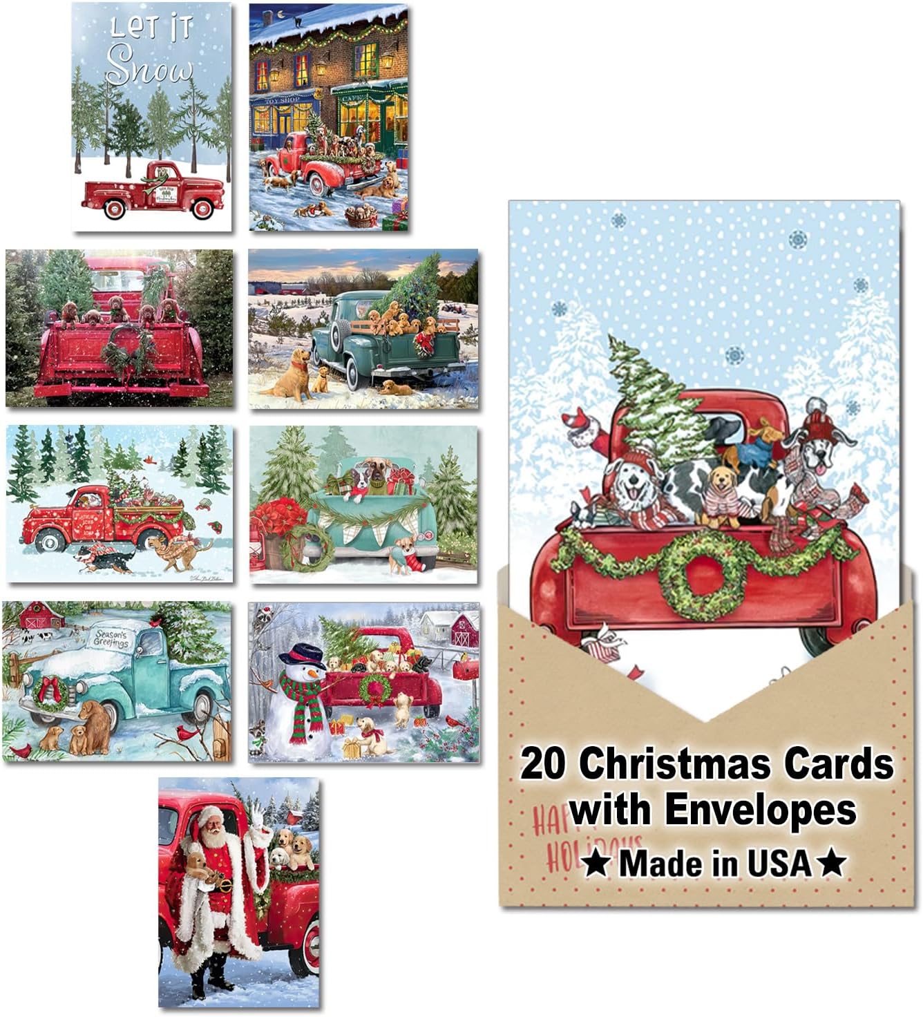 Pups and Trucks Pack of 20 Boxed Christmas Cards with