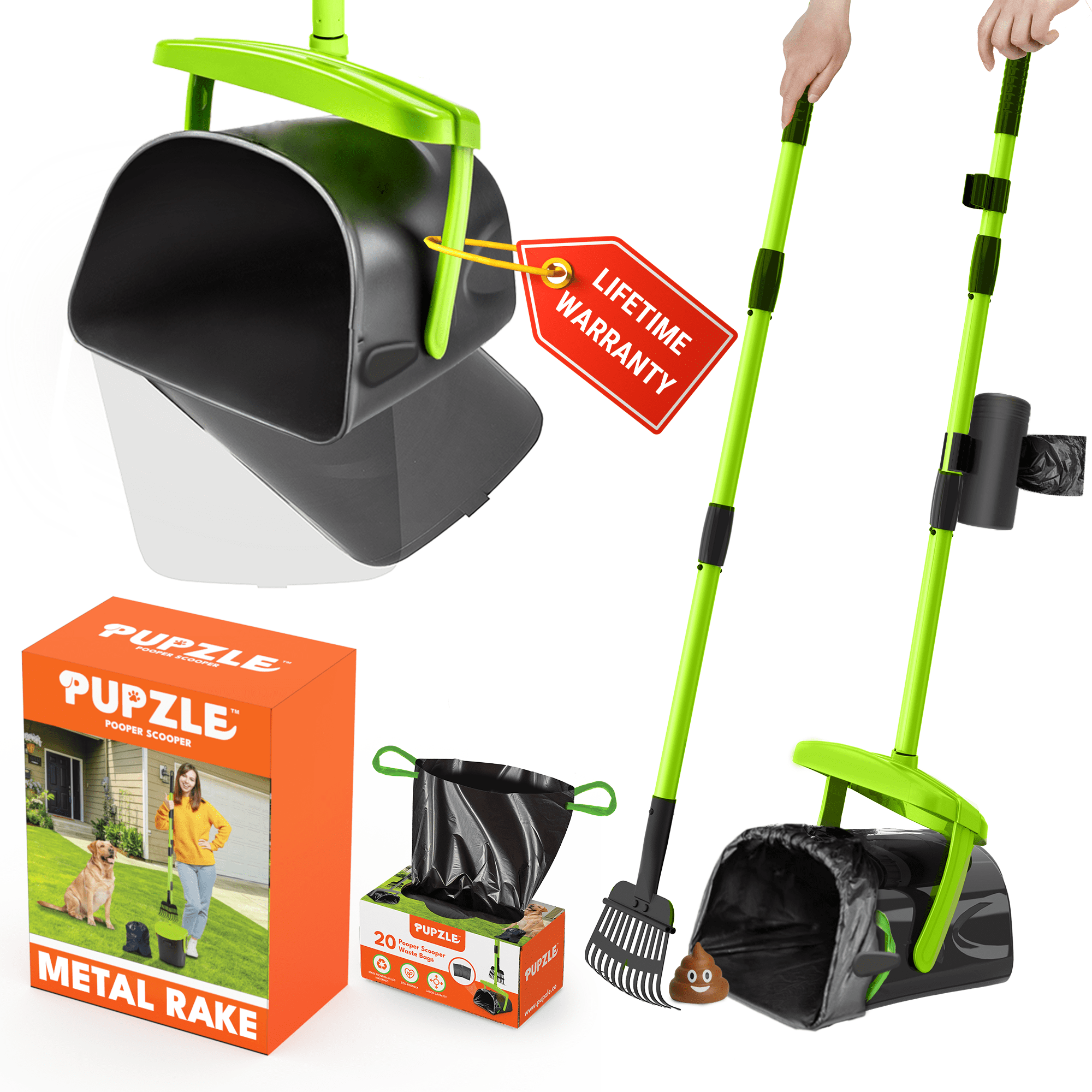 Green Heavy Duty Metal Dog Pooper Scooper with Bag Attachment