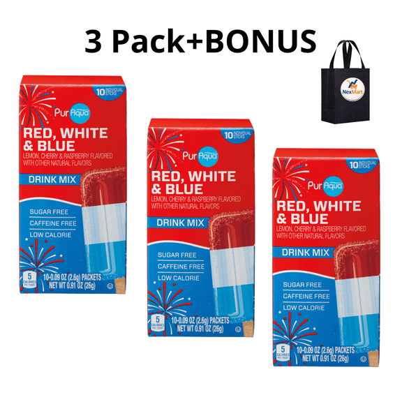Pur Aqua Drink Mix Sticks Red White & Blue Lemon Cherry Raspberry Flavored Sugar Free Caffeine Free Low Calorie 10 Count 0.91 oz , 3 Pack + Bonus