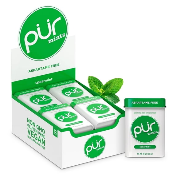 PUR Mints, Aspartame Free, Sugar Free & Made with Xylitol, Natural Spearmint Flavored Mints, 30 Pieces, Pack of 12