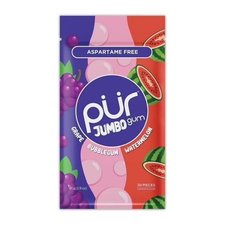 PUR Jumbo Gum, Aspartame Free Chewing Gum, 100% Xylitol, Natural Bubblegum, Grape, Watermelon Flavor, 20 Pieces, Pack of 1