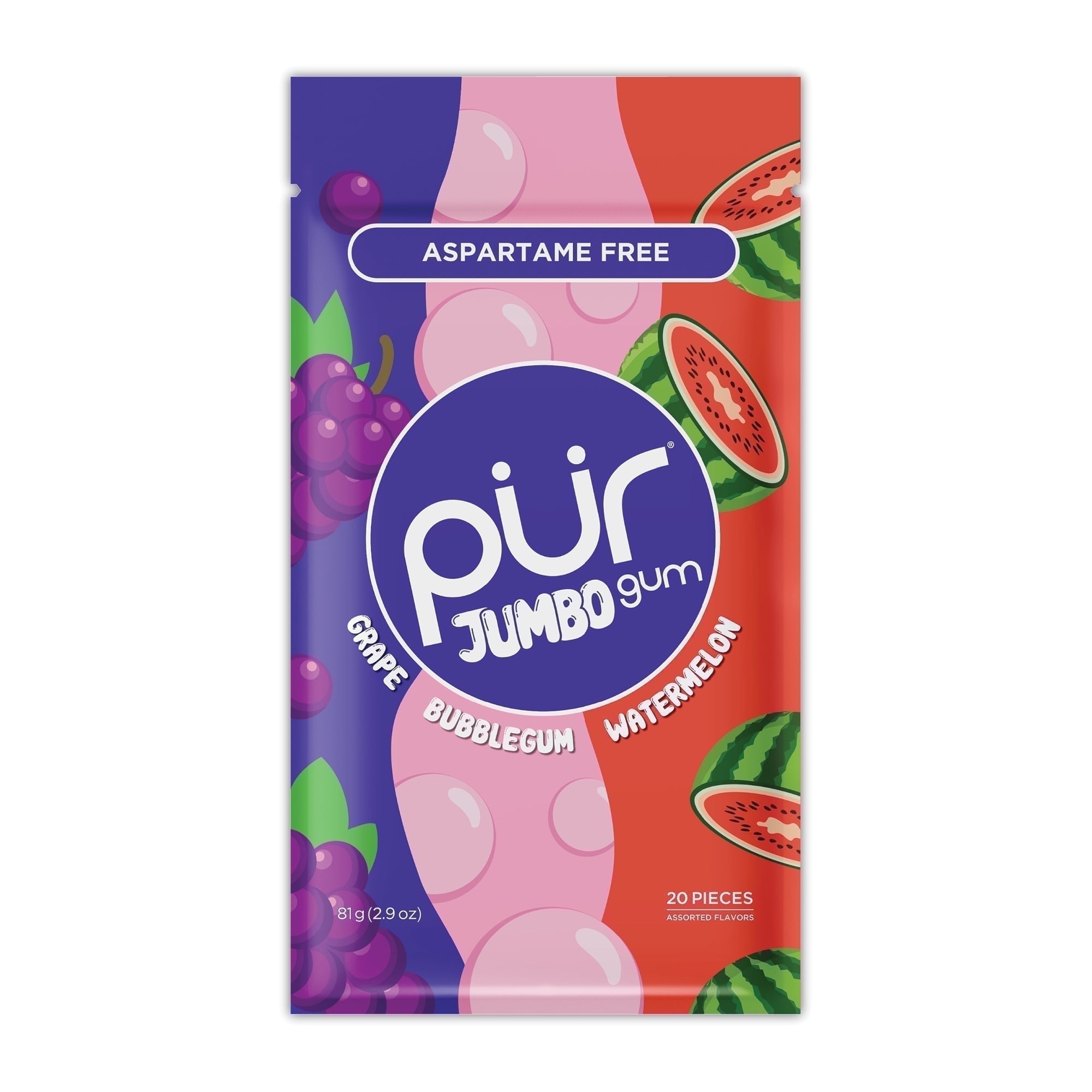 PUR Jumbo Gum, Aspartame Free Chewing Gum, 100% Xylitol, Natural Bubblegum, Grape, Watermelon Flavor, 20 Pieces (Pack of 1)