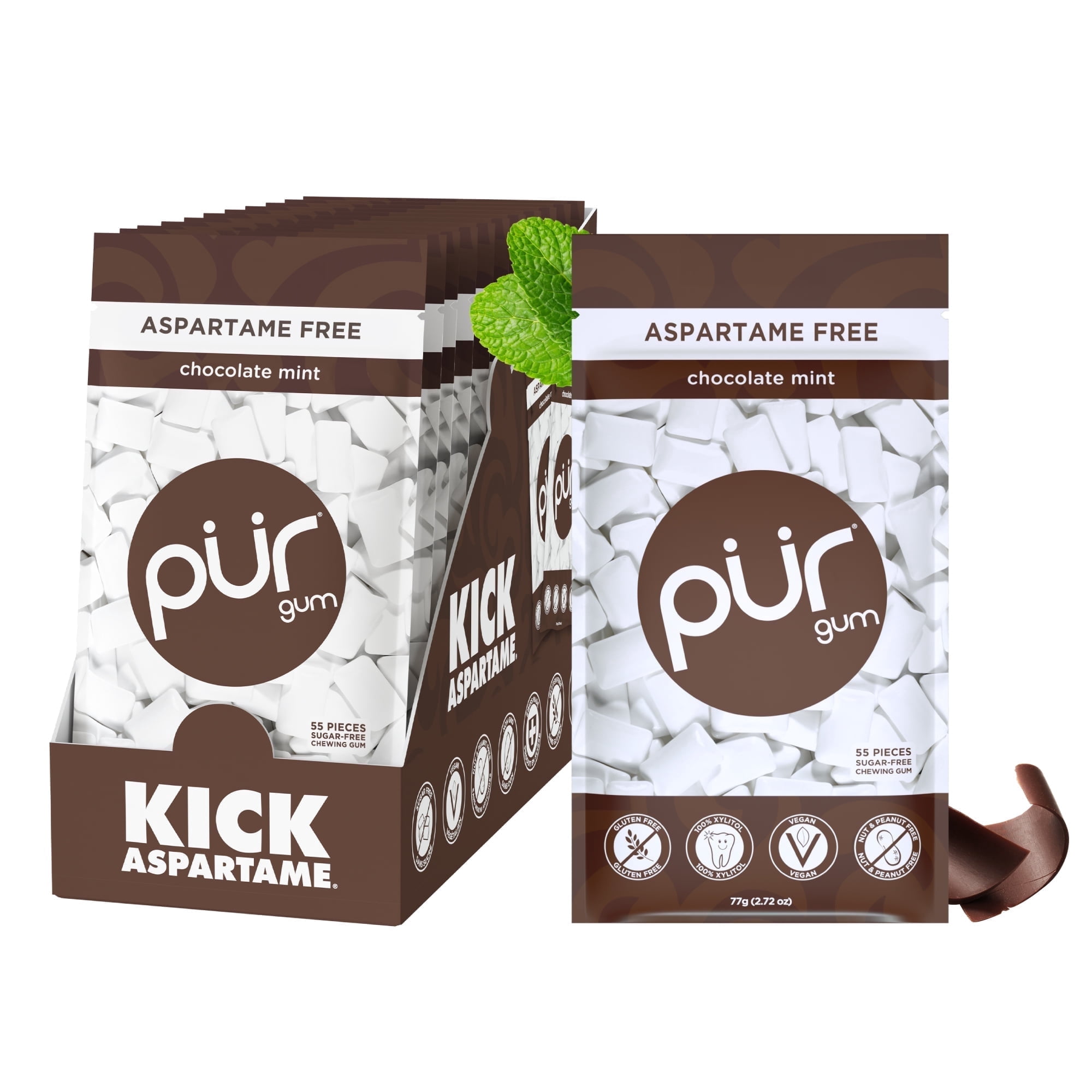 PUR Gum, Aspartame Free, Sugar Free & 100% Xylitol, Chocolate Mint Chewing Gum, 55 Pieces, Pack of 12