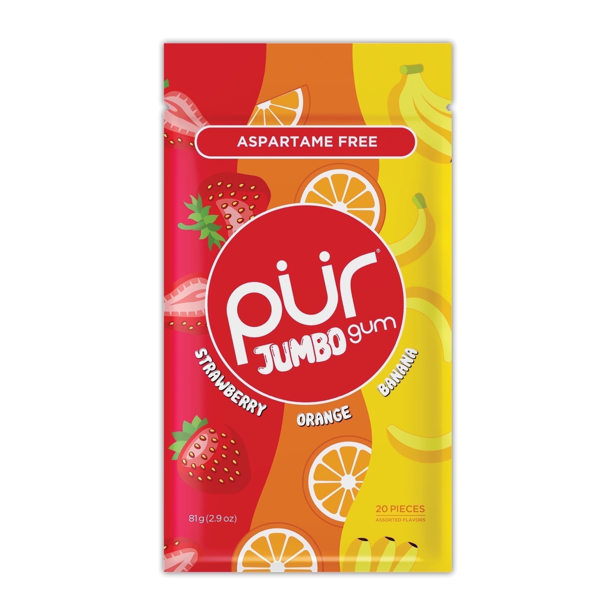 PUR Jumbo Gum, Aspartame Free Chewing Gum, 100% Xylitol, Natural Strawberry, Banana, Orange Flavor, 20 Pieces, Pack of 1