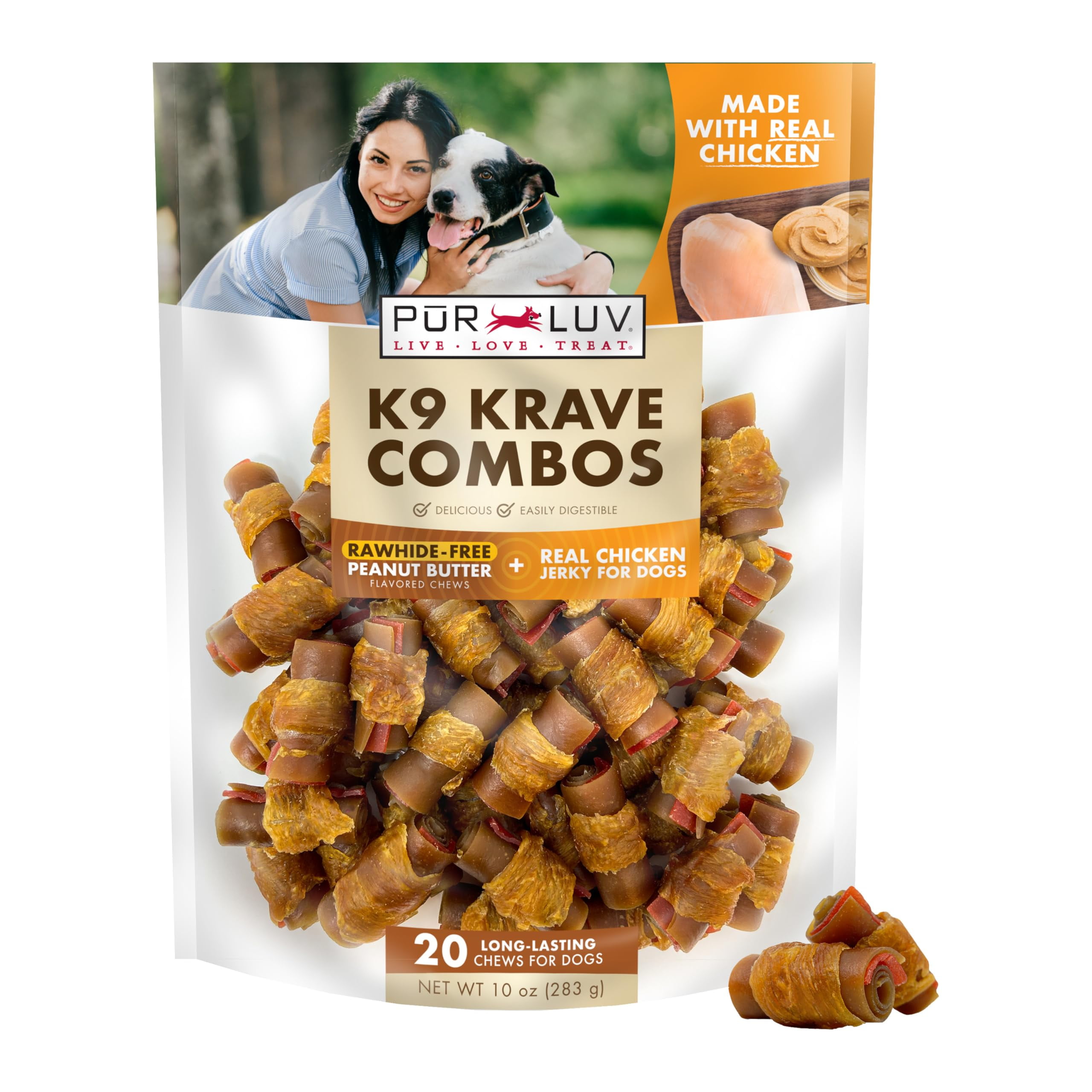 Pur Luv Dog Treats, AIF4 K9 Kraves Rawhide Free Bone Dog Treat, Peanut