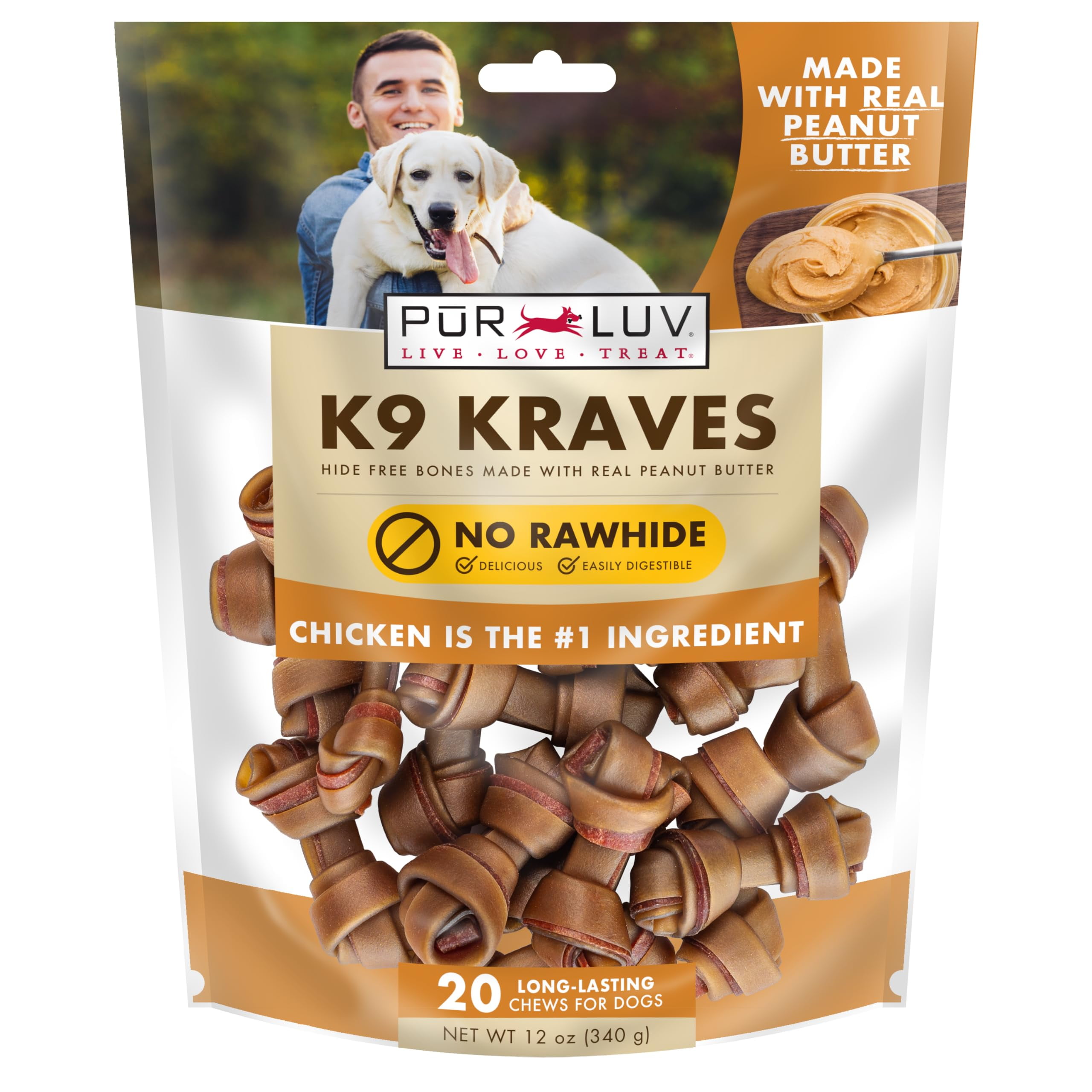 Pur Luv Dog Treats, K9 HYZ01 Kraves Rawhide Free Bone Dog Treat, Peanut