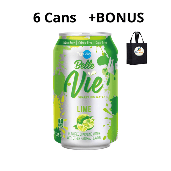 PurAqua Belle Vie Sparkling Flavored Water, Lime, Sodium Free, Calorie Free, Sugar Free, 12 fl oz , 6 Cans + Bonus