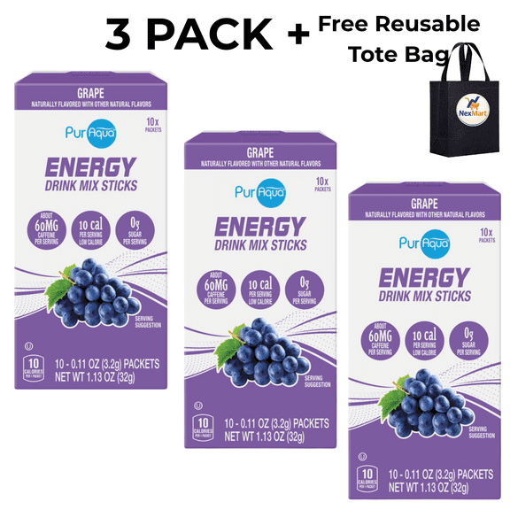 PurAqua Grape Energy Drink Mix Stick 1.13 oz , 3 Pack + Bonus