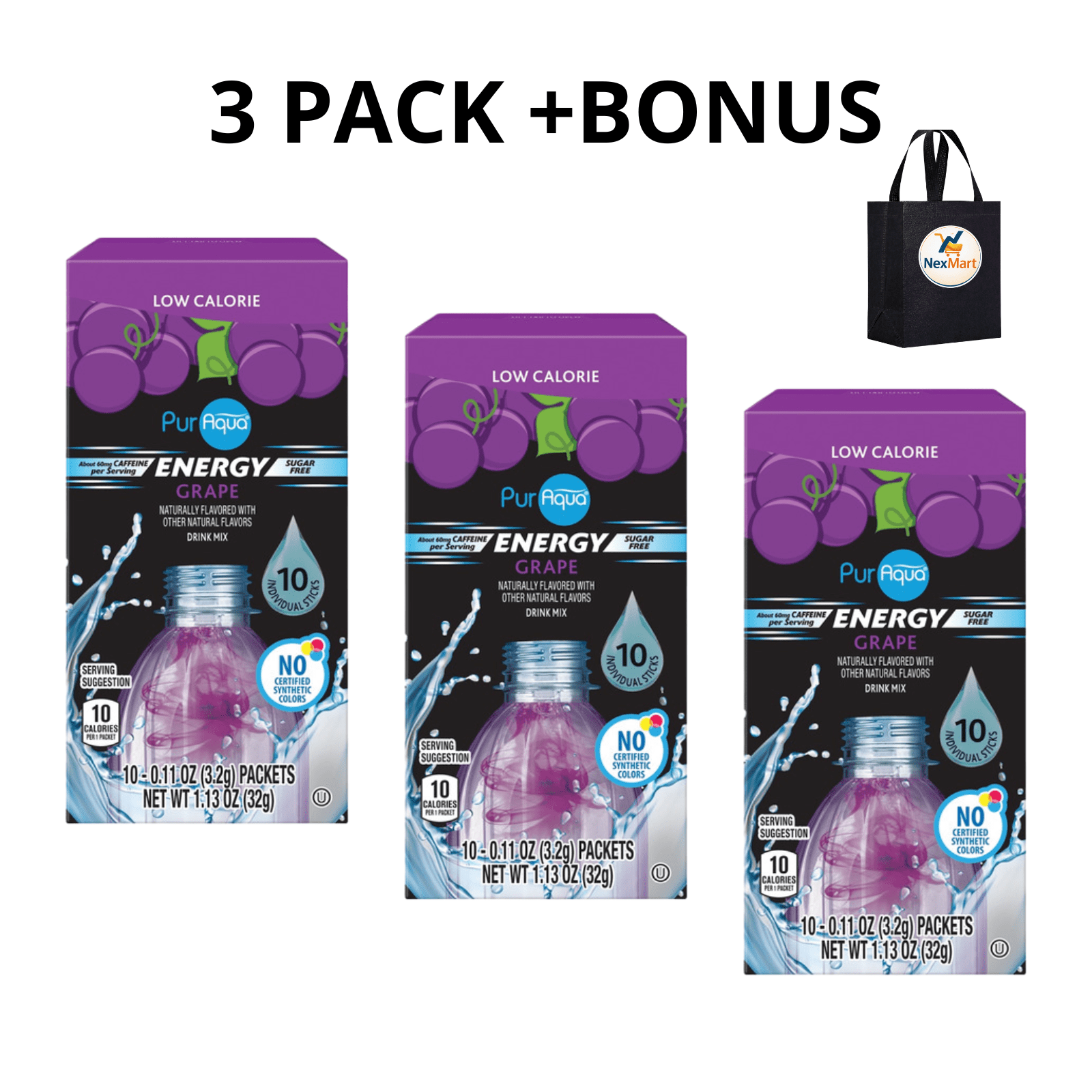 PurAqua Grape Energy Drink Mix Stick 1.13 oz , 3 Pack + Bonus