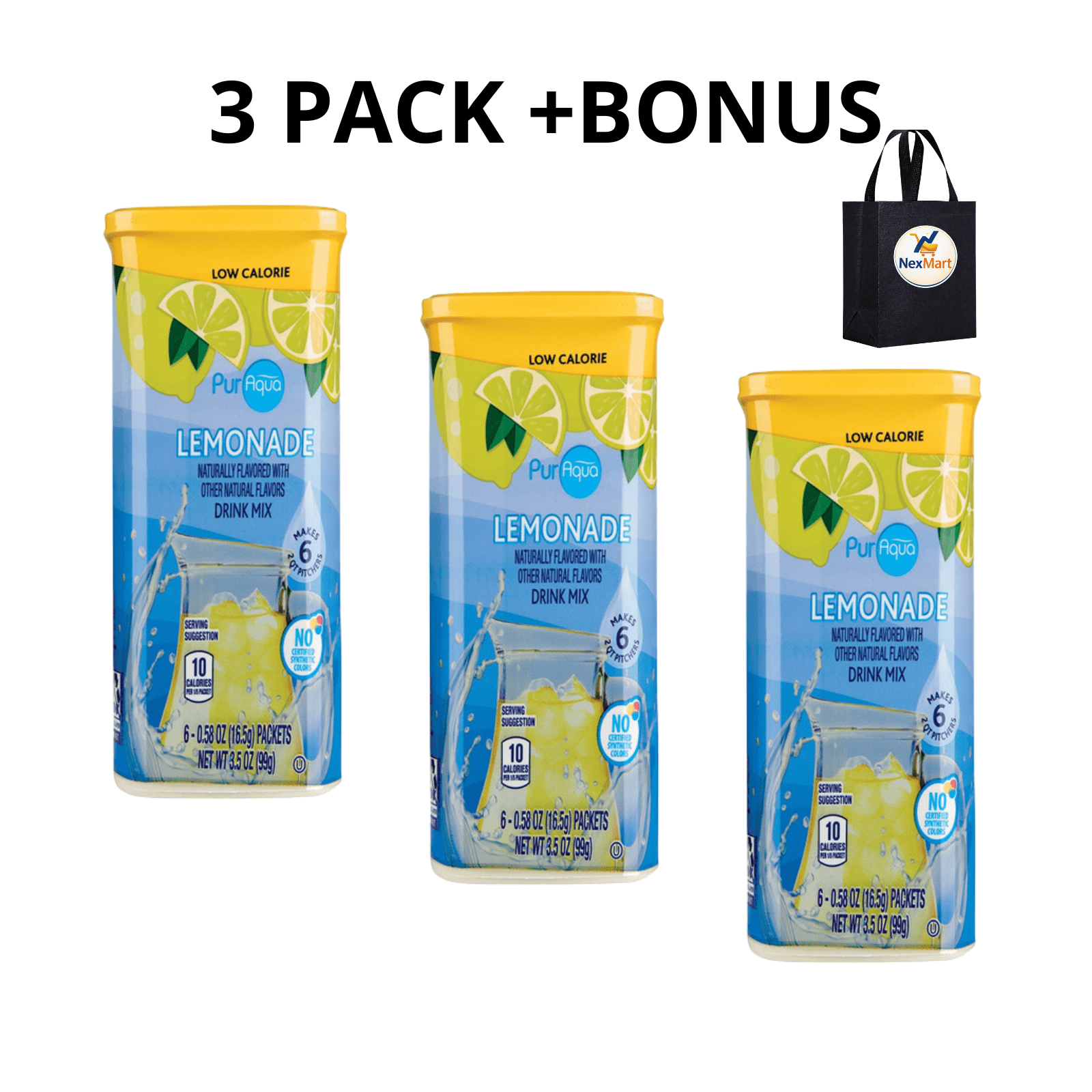 PurAqua  Lemonade Drink Mix , 3.5 oz , 3 Pack + Bonus