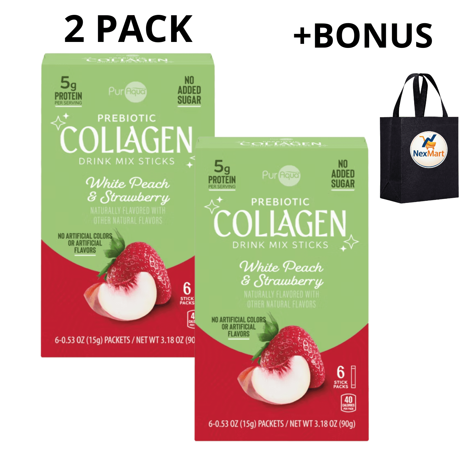 PurAqua Prebiotic Collagen White Peach Strawberry Flavored Drink Mix Sticks 3.18 oz , 2 Pack + Bonus