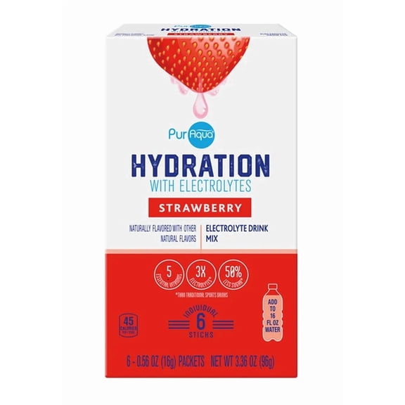 PurAqua Strawberry Flavored Hydration Drink Mix Sticks, 6 Count, Powder