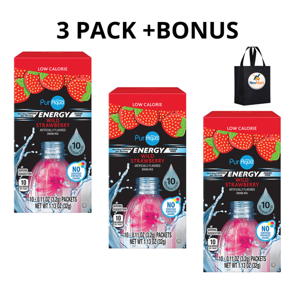 PurAqua Wild Strawberry Energy Drink Mix Stick ,1.13 oz ,3 Pack + Bonus