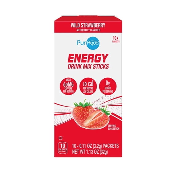 PurAqua Wild Strawberry Energy Drink Mix Sticks, 0 Sugar, Caffeinated, 10-Count, 1.05oz