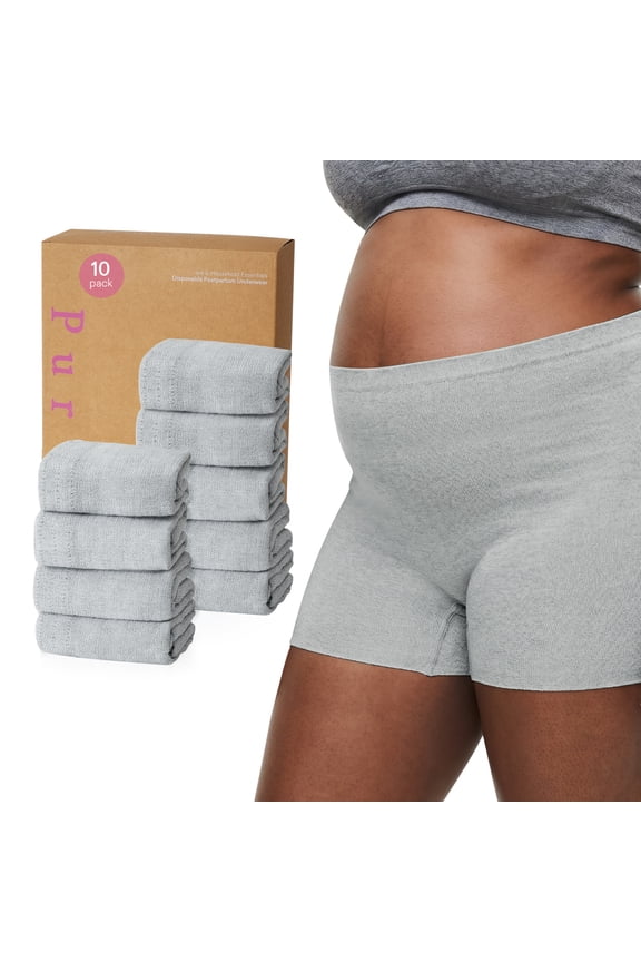 10 Pcs Postpartum Underwear for Women, High Waisted Disposable Boyshort Underwear for Mom Postpartum, Seamless Under Wear for Postpartum Essentials, Waist 28"-42" Stretched, Grey