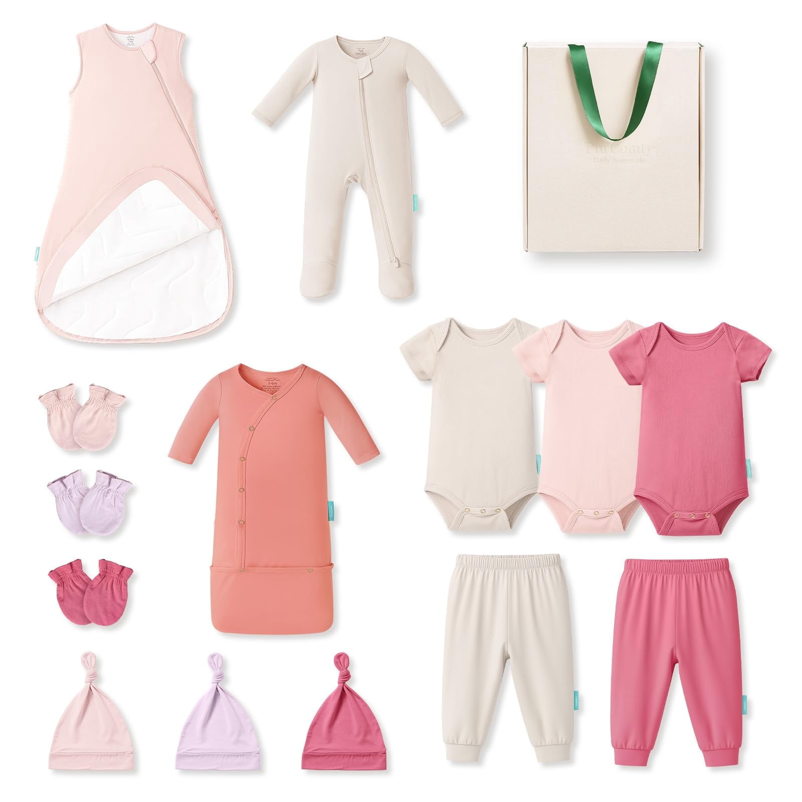 PurComfy Bamboo Newborn Clothes Gift Set: 14-Piece Buttery-Soft Layette Set with Sleep Sack, Baby Girl Clothing Essentials — Bamboo Lover Set, 0-3 Months