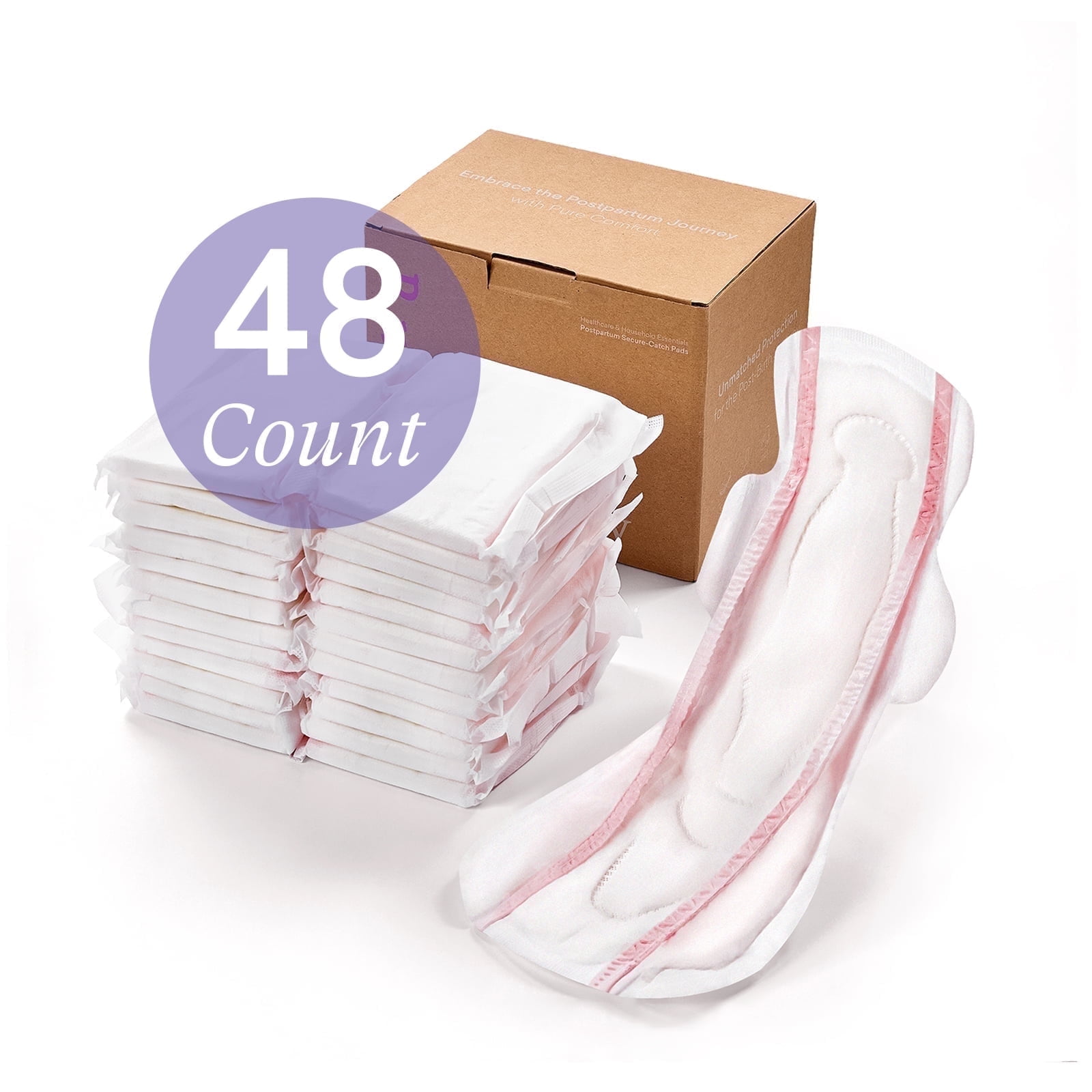 PurComfy Premium Winged Maternity Peri Pads Clean & Secure Overnight Maxi Postpartum Pads, Extra Heavy Absorbency, Powerful Leak Protection, Extra Long Incontinence Pads for Women After Birth, 48 Ct