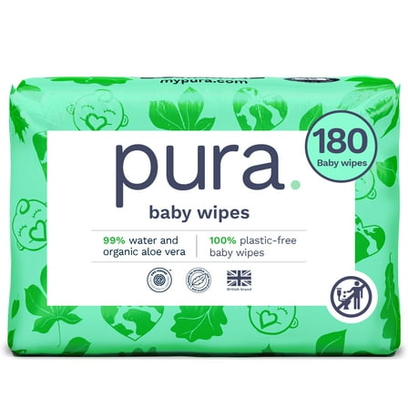 Pura Fragrance Free Sensitive EWG Verified Plastic Free Wipes, 180 Count (Choose Your Count)