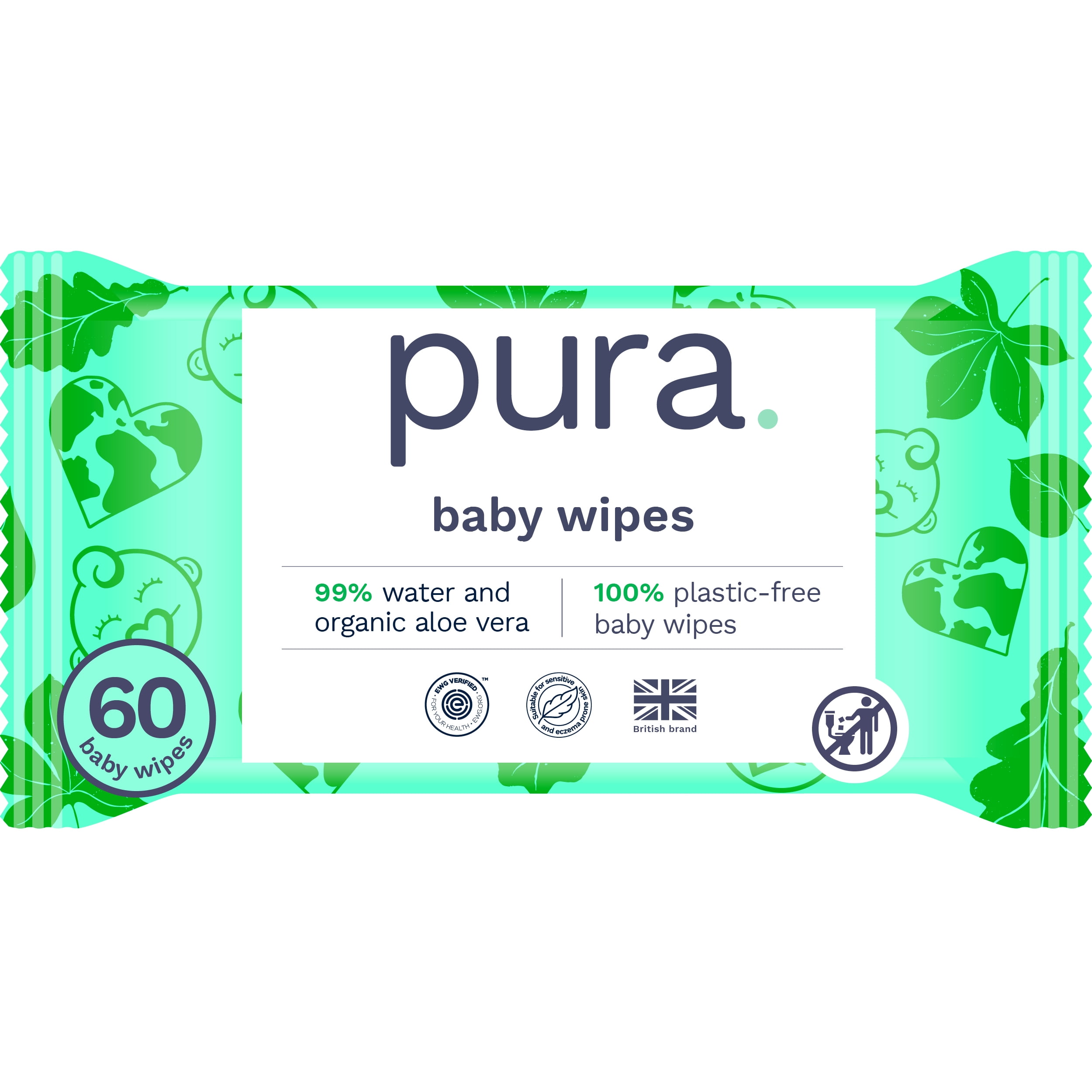 Pura Fragrance Free Sensitive EWG Verified Plastic Free Wipes, 60