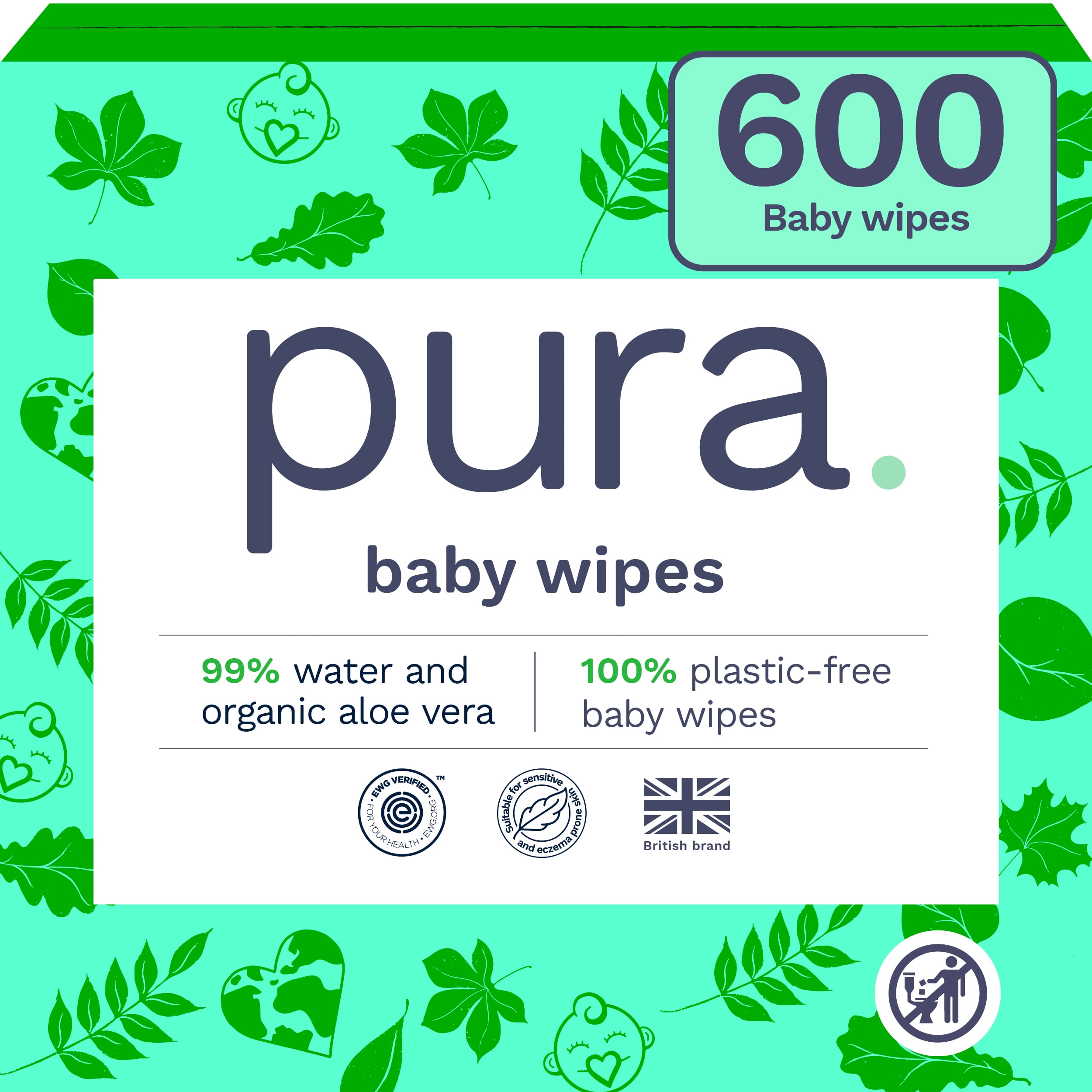 Pura Fragrance Free Sensitive EWG Verified Plant-Based Wipes, 600 Count (Choose Your Count)