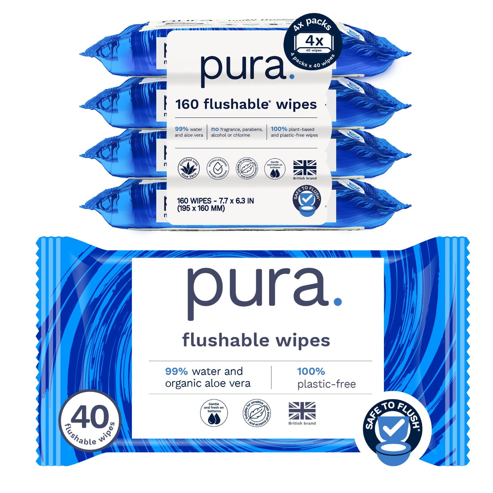 Pura Flushable Fragrance-Free Allergy UK Certified Toilet Wipes, 160 Count (Choose Your Count)