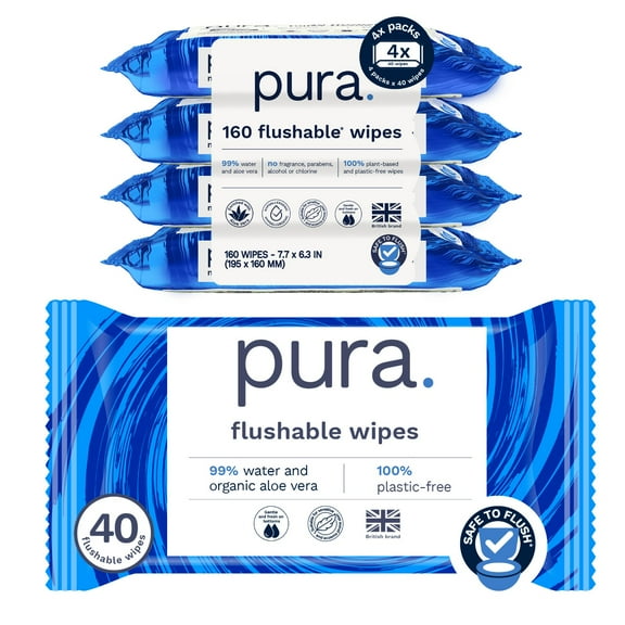 Pura Flushable Fragrance-Free Allergy UK Certified Toilet Wipes, 160 Count (Choose Your Count)