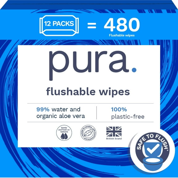 Pura Flushable Fragrance-Free Allergy UK Certified Toilet Wipes, 480 Count (Choose Your Count)