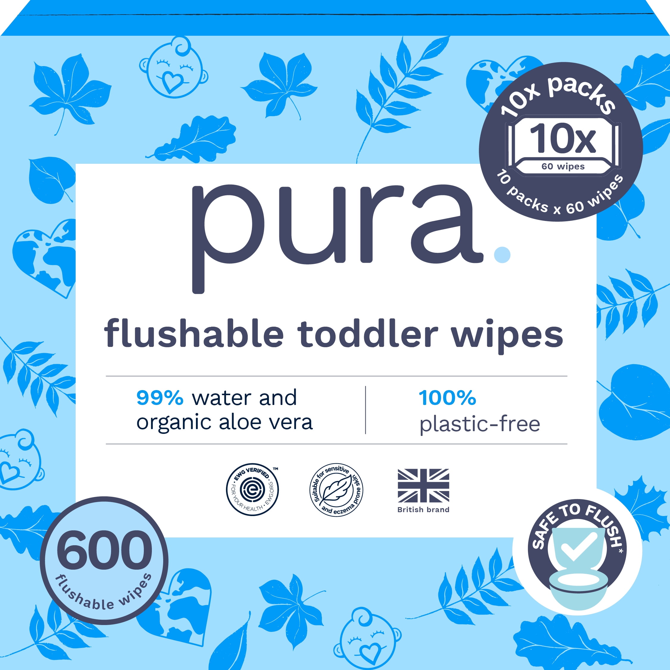 Pura Flushable Toddler Wipes Fragrance Free EWG Verified Plastic Free , 600ct (Choose Your Count)