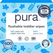 Pura Flushable Toddler Wipes Fragrance Free EWG Verified Plastic Free , 600ct (Choose Your Count)