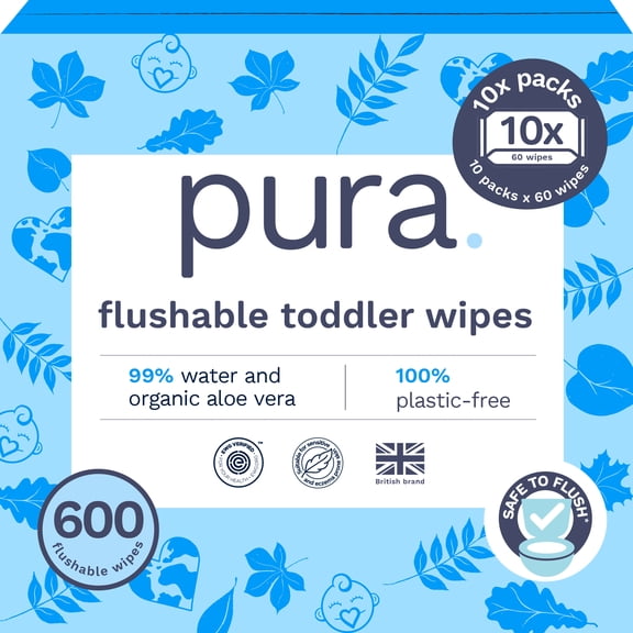 Pura Flushable Toddler Wipes Fragrance Free EWG Verified Plastic Free , 600ct (Choose Your Count)