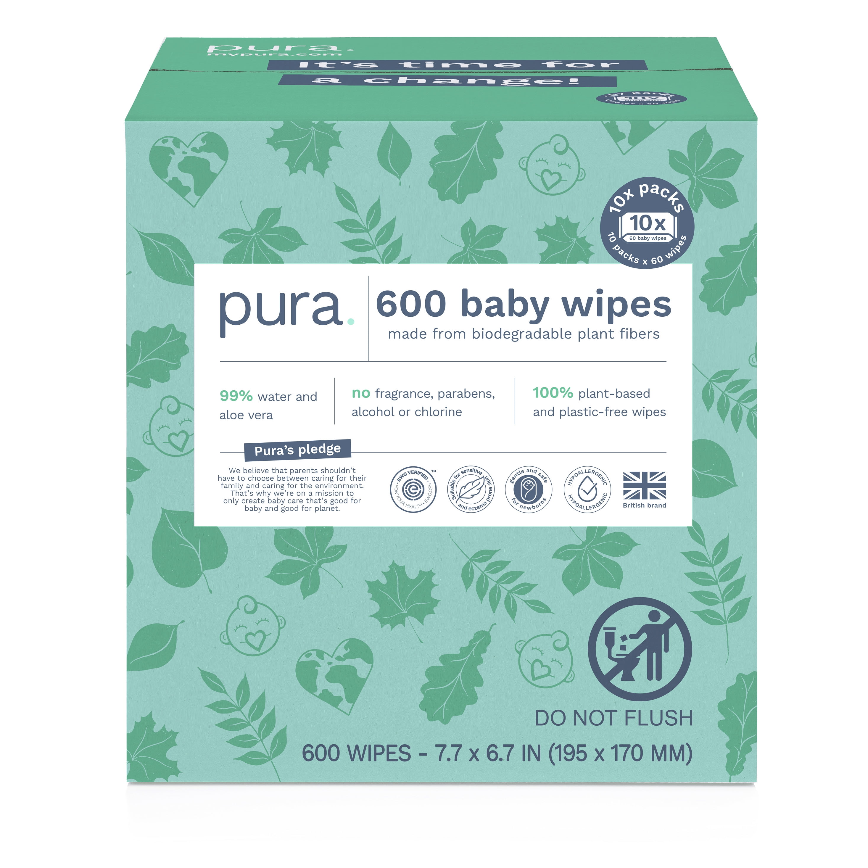 Pura Baby Wipes, Fragrance Free, Sensitive, EWG Verified, PlantBased