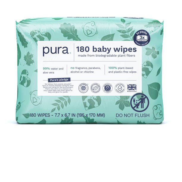 Pura Fragrance Free Sensitive EWG Verified Plastic Free Wipes, 180