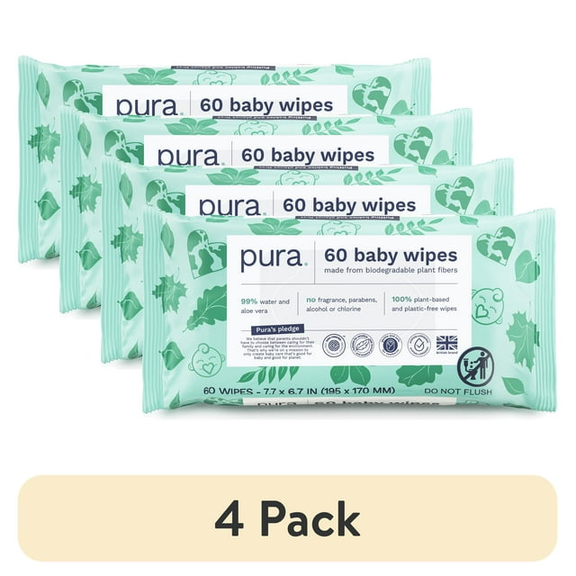(4 pack) Pura Baby Wipes, Fragrance Free, Sensitive, EWG Verified