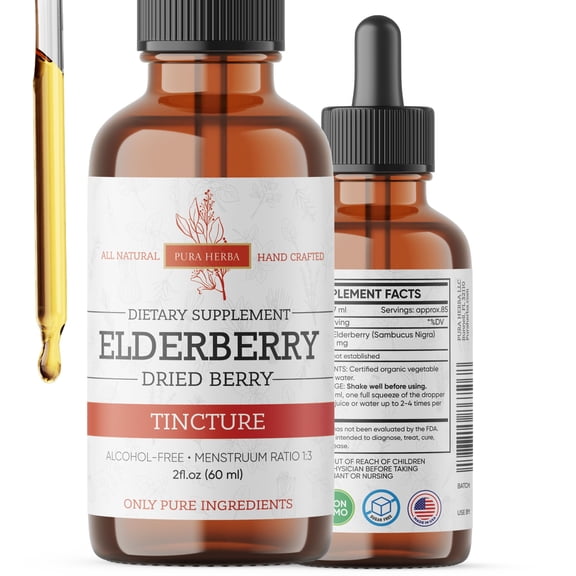Pura Herba Elderberry Tincture Organic Elderberry Extract Liquid Drops Sambucus Herbal Supplement Immune Support Elderflower & Elderberry Blend Alcohol-Free, 2 fl oz