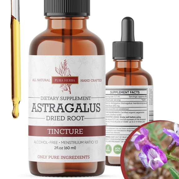 Pura Herba Organic Astragalus Tincture - Premium Astragalus Root Extract for Immune Support - Alcohol-Free, Sugar-Free, Vegan - High Potency Liquid Supplement - Made in USA - 2 Fl.Oz.