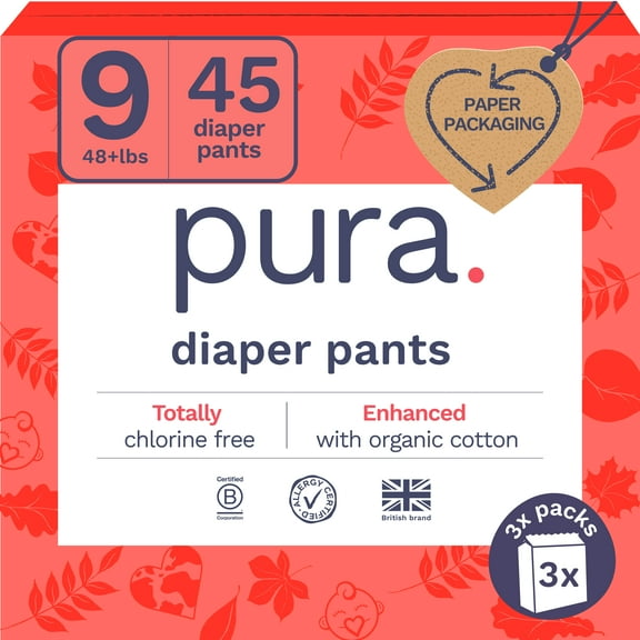 Pura Pull-On Diaper Pants with 360 Degree Stretchy Waistband, Size 9, 45 Count (Choose Your Size and Count)