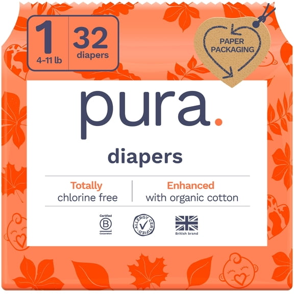 Pura Sensitive Soft Sustainable Baby Diapers Size 1, 32 Count