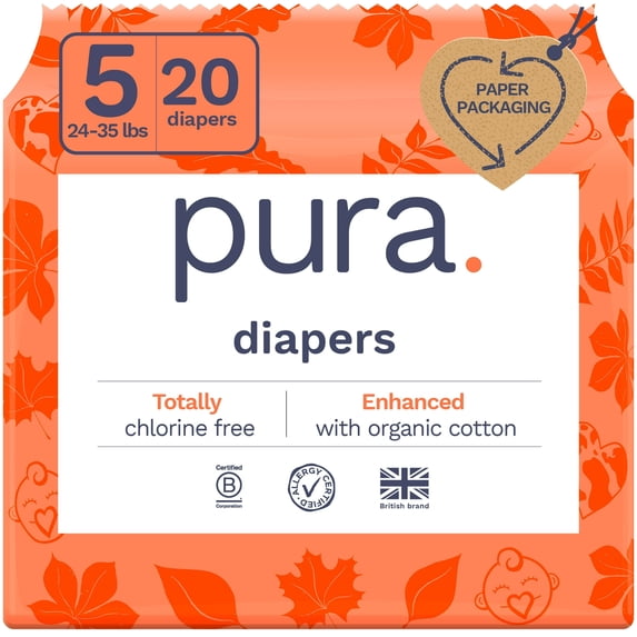 Pura Sensitive Soft Sustainable Baby Diapers Size 5, (20 Count)